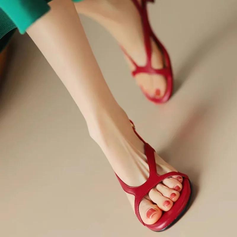 Fashion 2025 Summer New Soft Leather Sandals for Women's Fashion Style, Open Toe Middle Heel Sandals, French Round Head Strap Sandals