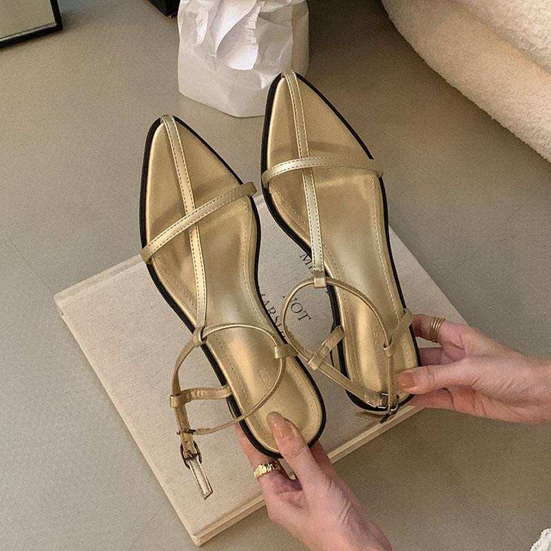 Fashion Luxury Female Fashion T-Strap Women Low Heel Sandals Shoes Summer Pointed Toe Ladies Round Heel Sandals Shoes