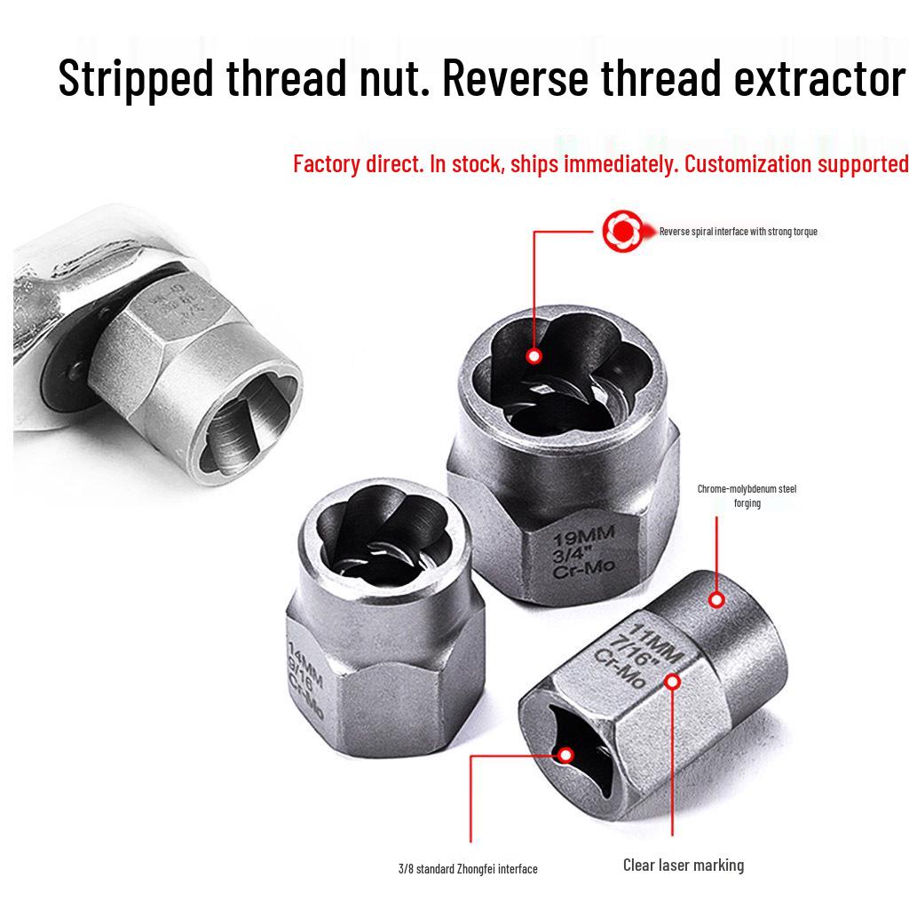 High Torque Wear-Resistant Reverse Thread Nut Extractor Set for Rusted or Damaged Nuts