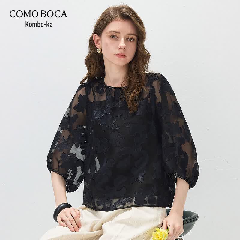 Kommon Boca Sheer Silk Jacquard Seven-Quarter Sleeve Top 2XL