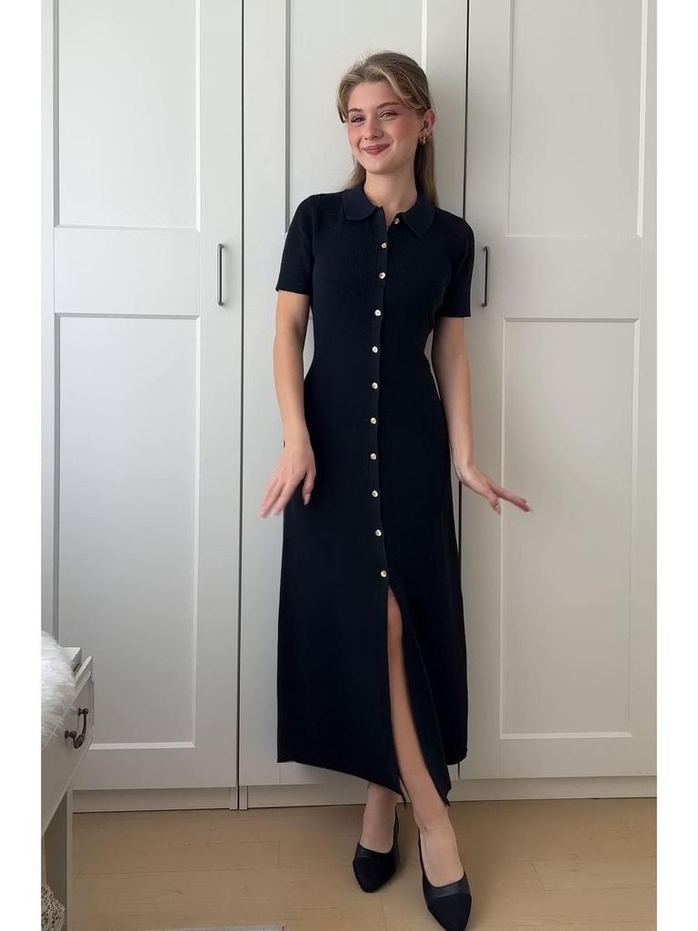 2025 Sommer Europäisches und Amerikanisches Damen Strick Kurzarm Umlegekragen Schlankmachendes Kleid