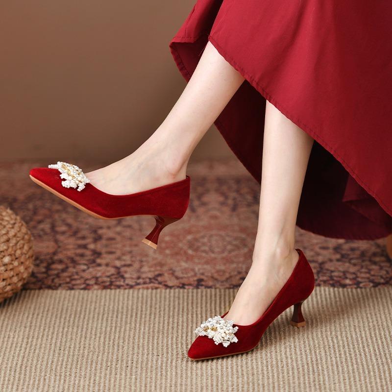 Red wedding shoes women's high heels stiletto champagne sequins bridal shoes wide fat feet large size women's shoes
