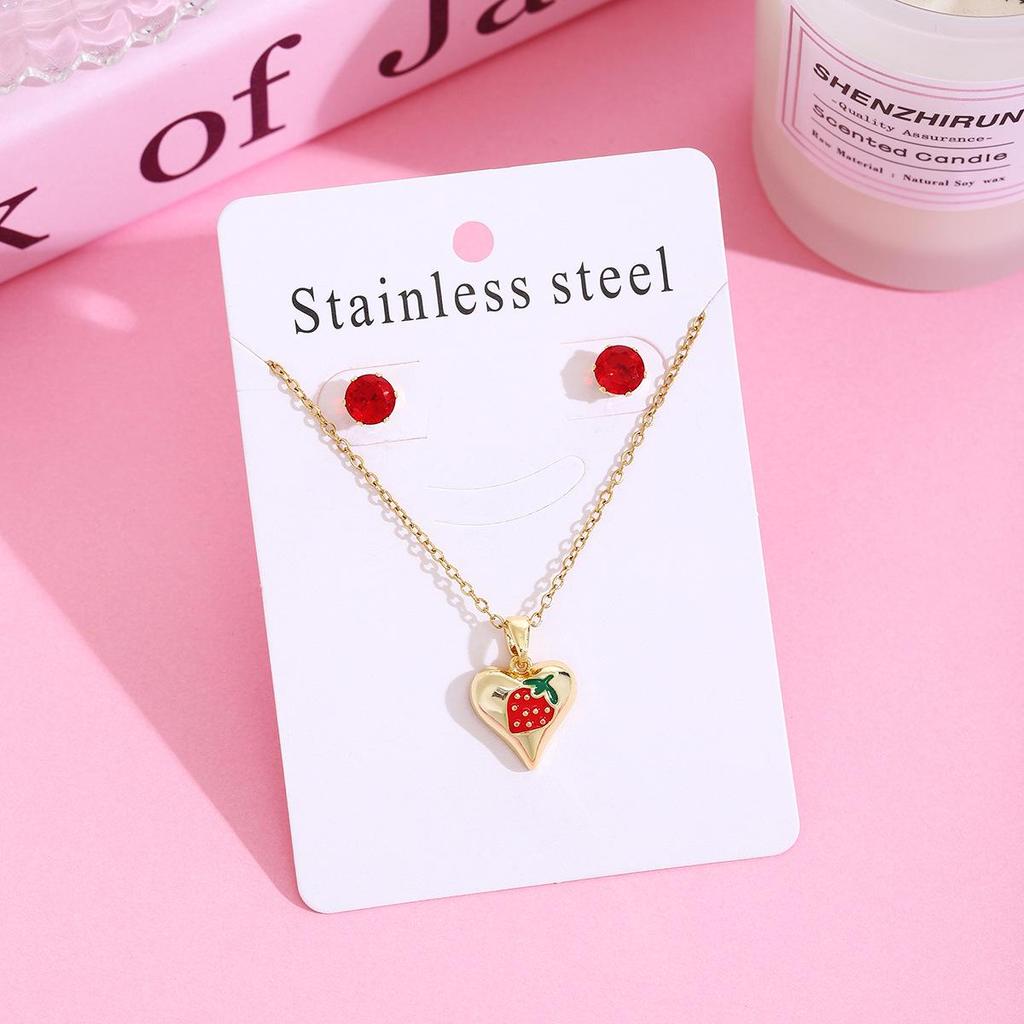 Strawberry Cherry Inlaid Necklace & Earrings Set, Light Luxury Design, 304 Stainless Steel Clavicle Chain for Women