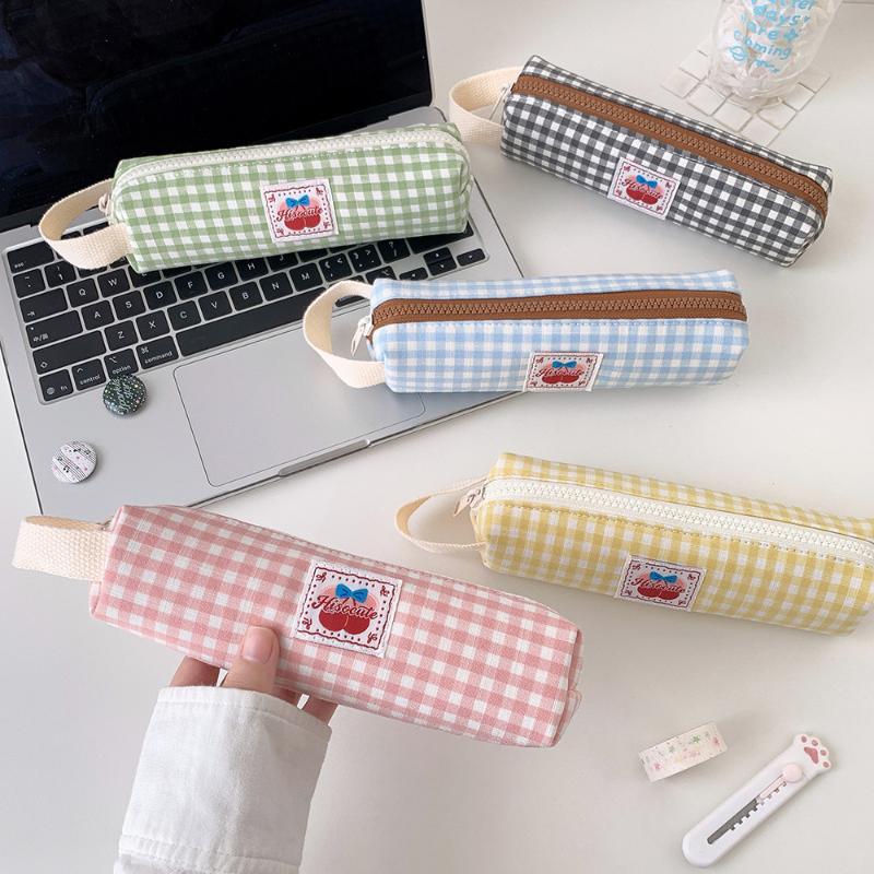 Cute Plaid Large Capacity Pencil Case Pen Bag Kawaii Stationery Storage Bag Suitable For Back-To-School Season Girls