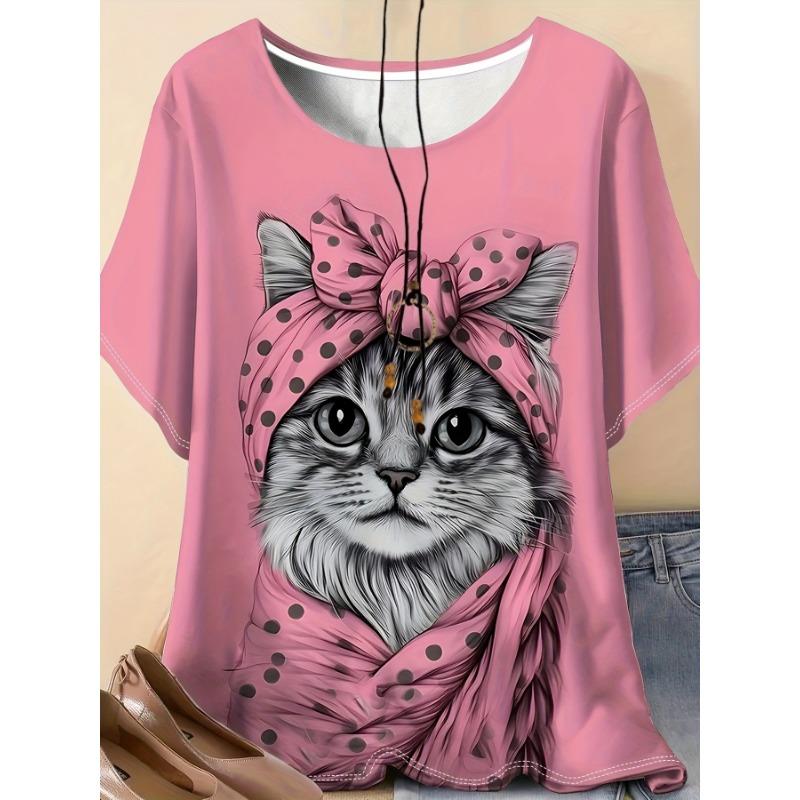 

Casual Elegant Style Pink Background Animal Cat 3D Printing Pattern Plus Size Women s Round Neck Short-sleeved T-shirt Clothing S