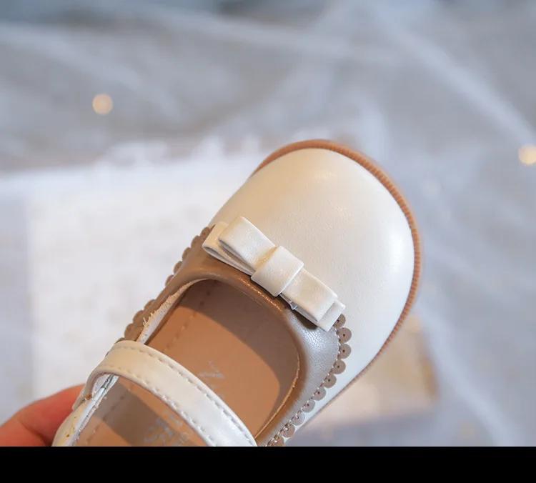 Girls' PU Shoes 2024 Spring Kids New Black Cute Bow Children's Solid Color Loafer Beige Size 21-30