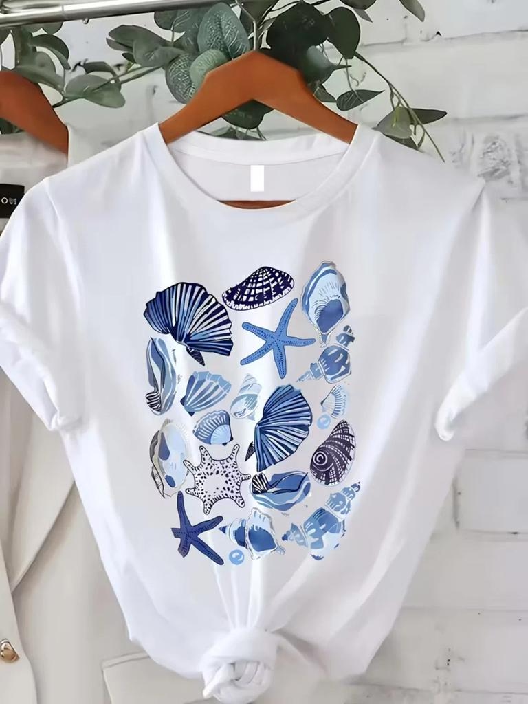 Seashell Print Women's Cotton T-Shirt Breathable Crew Neck Short Sleeve Top