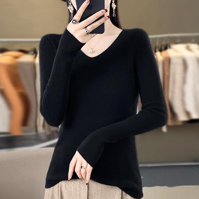 2024 Spring/Autumn Women's Slim Fit V-Neck Long Sleeve Knitwear - Korean Style Trendy Base Layer