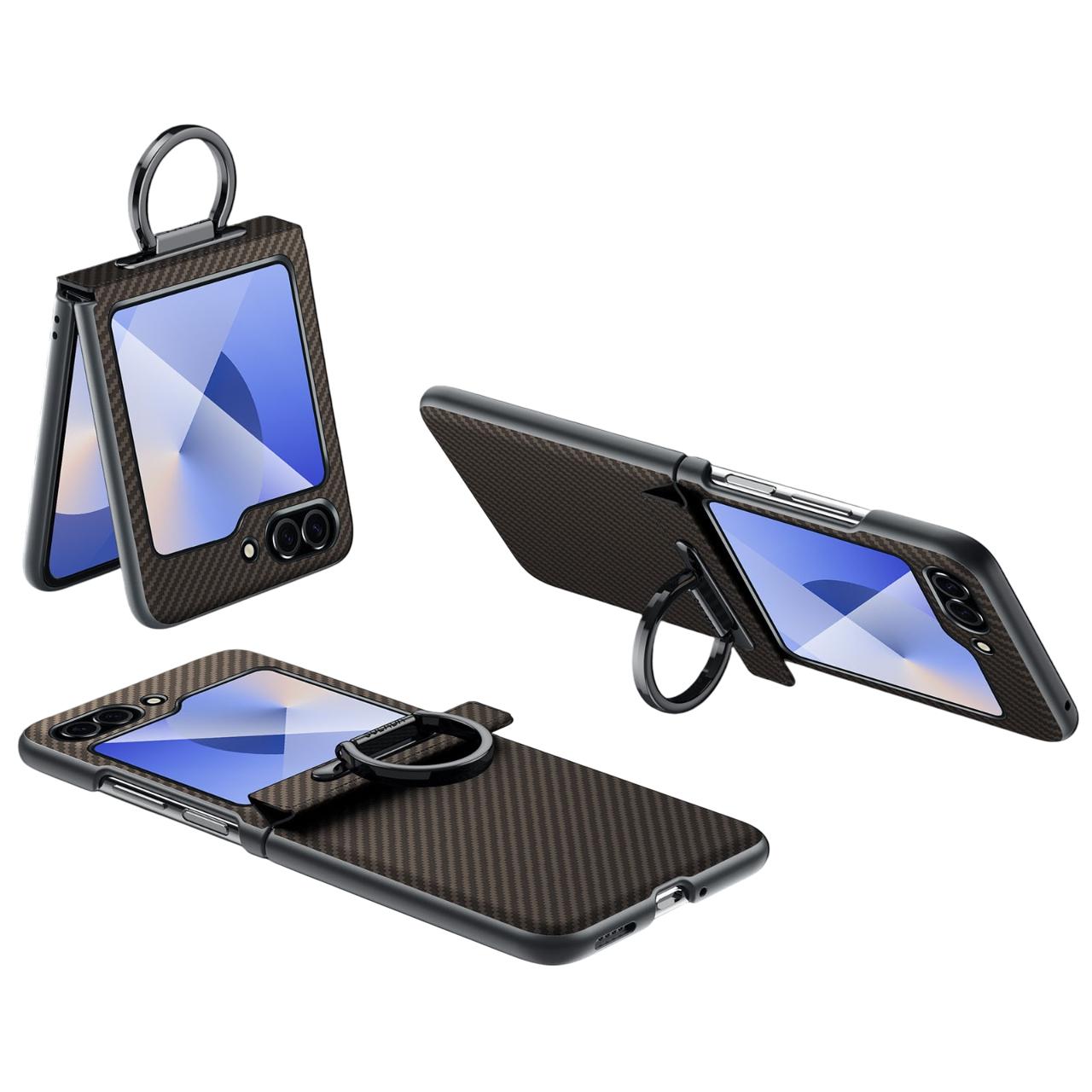 

SULADA Чехол для Samsung Galaxy Z Flip6 5G с кольцом-подставкой, магнитной застежкой, кожаный ПК чехол для телефона, текстура углеродного волокна Brown