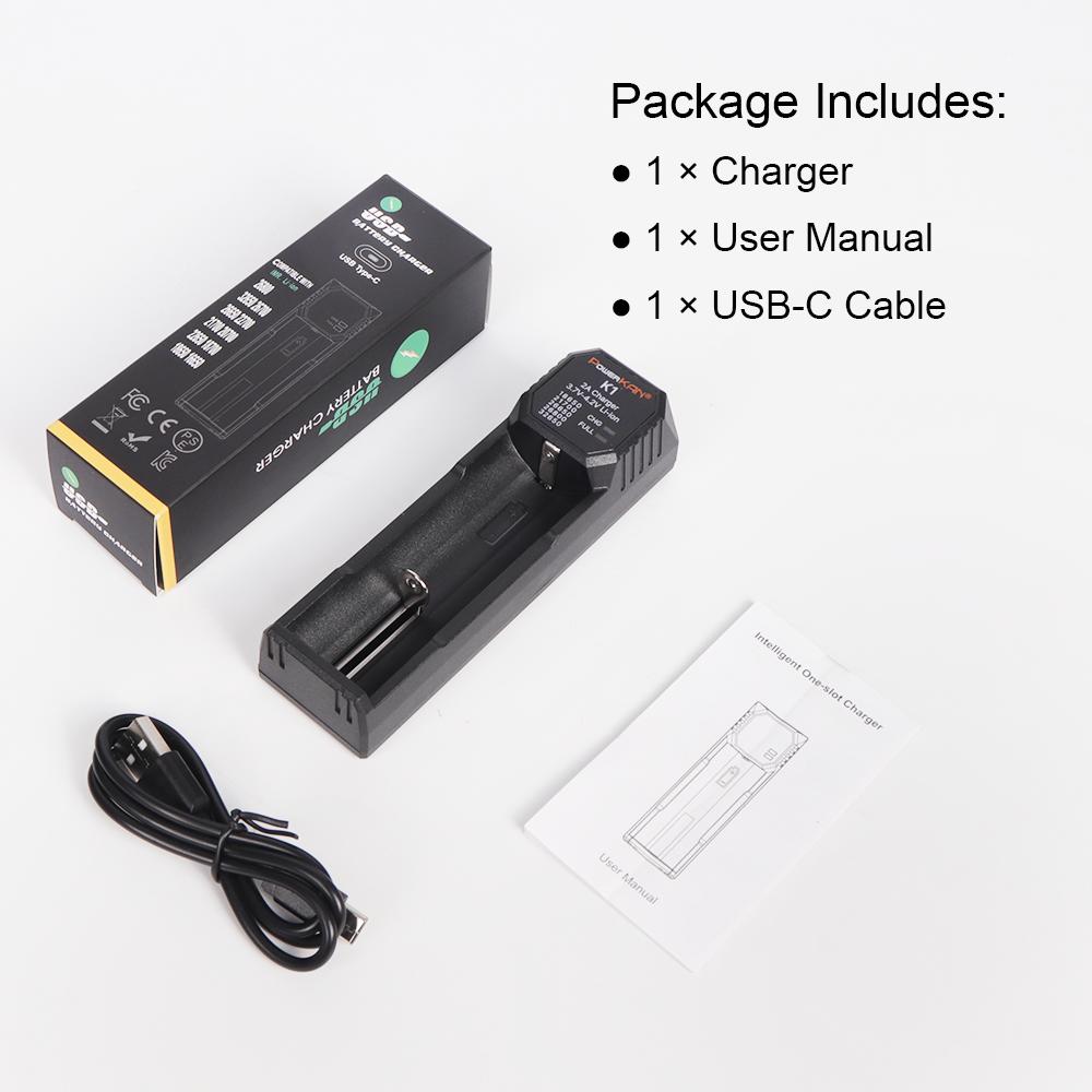 POWERKAN K1 1 Slot Smart Charger, Type-C Fast Charger for 18650 21700 26650 Li-ion Batteries