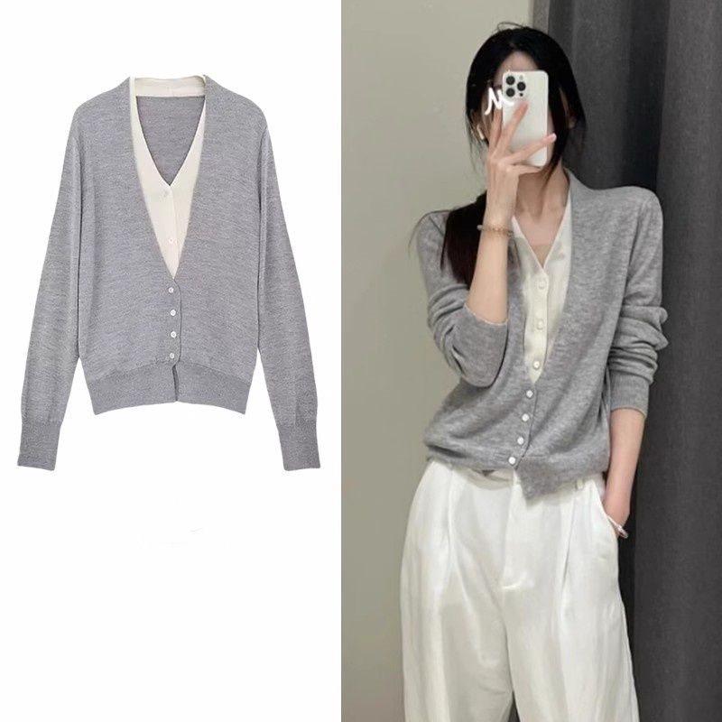 Women's Color Block Knit Cardigan - Two-Piece Look, Loose Fit, Early Spring Sweater Top.