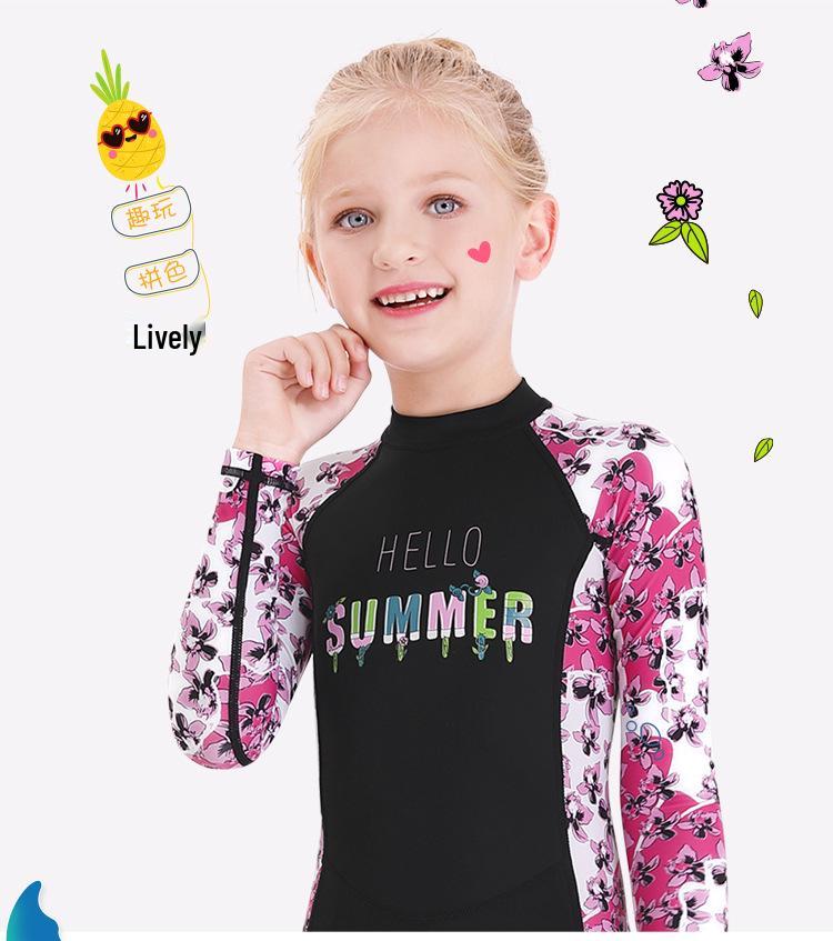 Children's Long Sleeve One-Piece Swimsuit - Girls' Quick-Drying Sunscreen Diving Suit