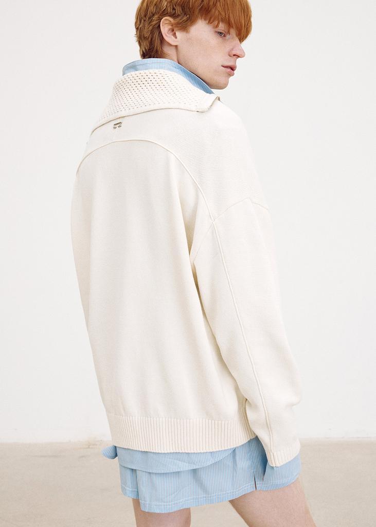 UMARMUNG Pure Cotton Crochet Collar Half Zipup Pullover_Ivory