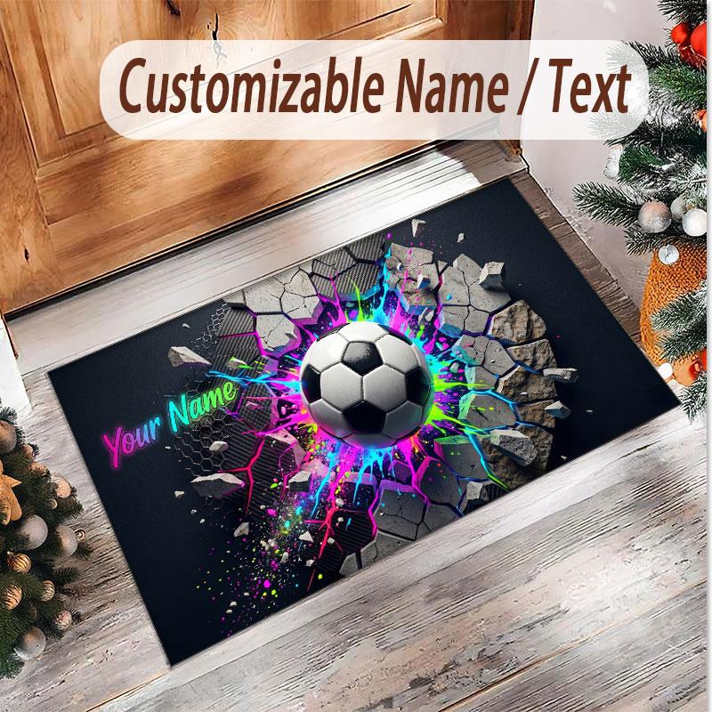 Soccer Theme Soft Crystal Velvet Rug Custom Name & Text Print Non Slip Floor Rug for Bedroom Living Room