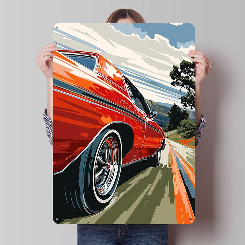 

Red Classic Car on Road Poster Customized Vintage Metal Signs Wall Art Retro Tin Plaque for Garage Bathroom Decor Wand Deko Room 7.9x11.8In(20x30cm)