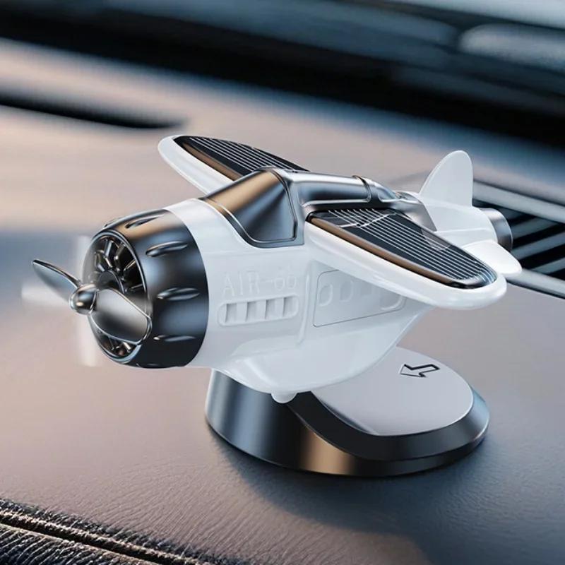 1PC Solar Powered Airplane Ornament 360° Rotating Propeller Fighter Model Car Interior Center Console Mini Aircraft Decoration