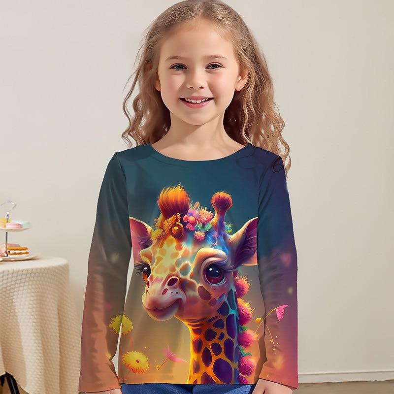 Spring and Autumn Round Neck Animal Giraffe Fawn Pattern 3D Printed Top Fashionable Casual Long Sleeved Children's Girl T-shirts
