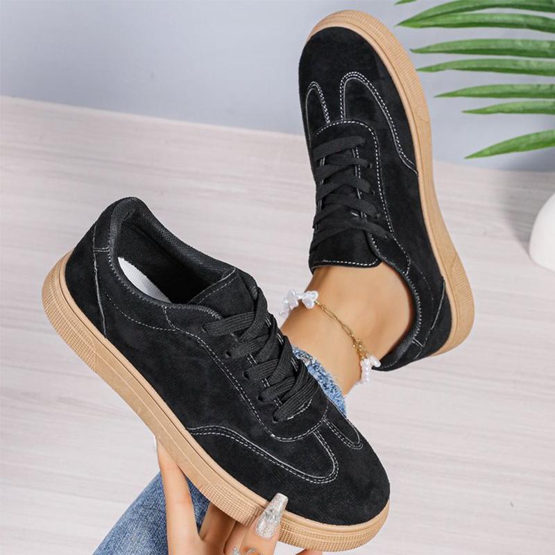 Fashion All Match Black Faux Suede Sports Shoes for Women Lace Up Low Top Sneakers Woman Sewing Wear Resistant Vulcanize Shoes Ladies