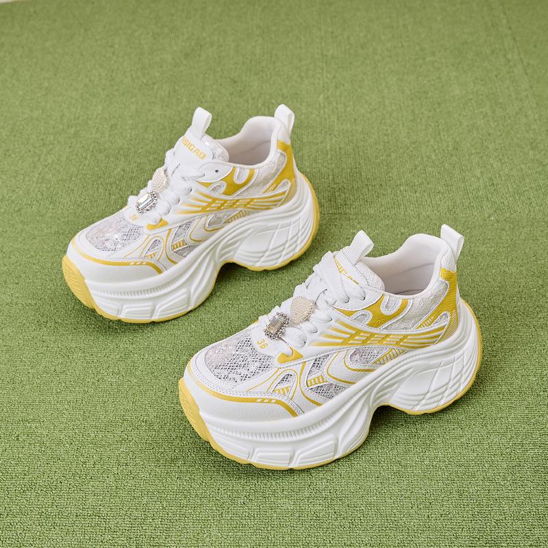Thick-soled dad shoes women's 2025 spring and summer new versatile hollow mesh breathable inner height increase women's shoes popular genuine