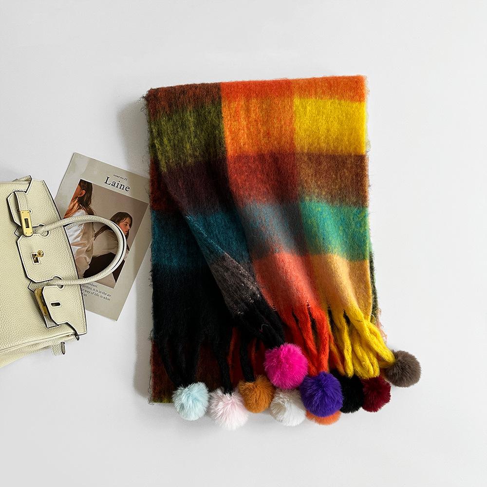 Fashion Trend Scarf Winter Scarf Rainbow Plaid Dopamine Stripe Handmade Hairball Shawl