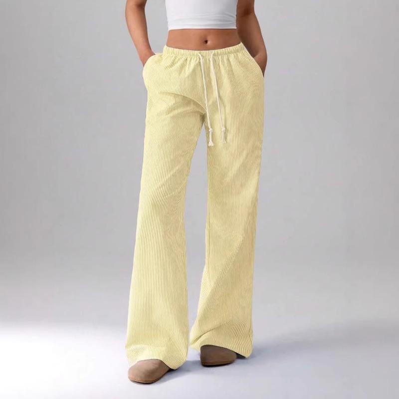 Damen Elastische Taille Gestreifte Weite Hosen Kordelzug Lässige Sommerhosen