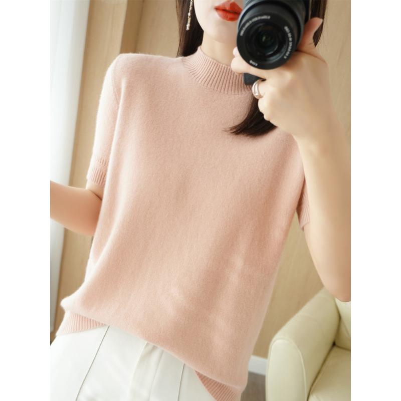 Short Sleeve Women's Knitted Sweater Round Neck Loose Short Bottom Sweater Half Sleeve Thin Medium Sleeve Sweater Top