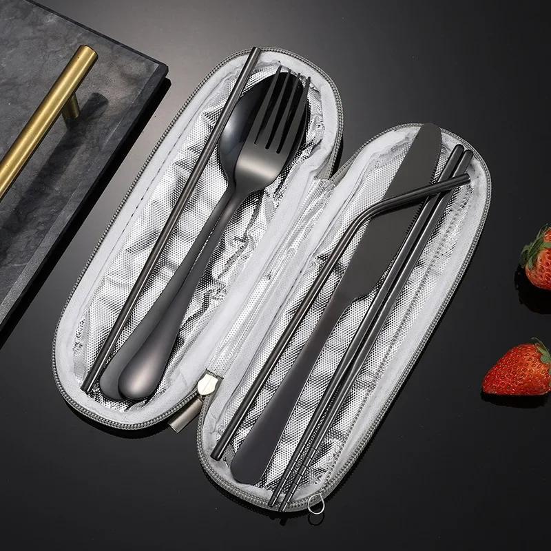 7Pcs/set Creative Knife Fork Spoon Chopsticks Travel Straw Combo Set Stainless Steel Cutlery Portable Reusable