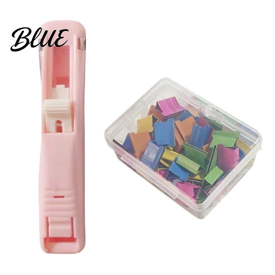 Reusable Binder Clips Paper Clip Stapler Portable Dispenser No Hole Punching Pusher with 50 Refillable Transparent Metal Office School Supplies Home