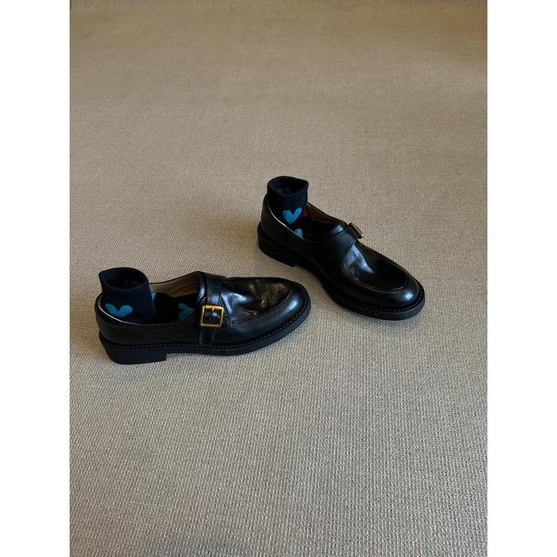 Washed Cowhide~ Retro Leather British Style Jk Small Leather Shoes Women's Belt Buckle One Pedal Loafers Round Head Single Shoes