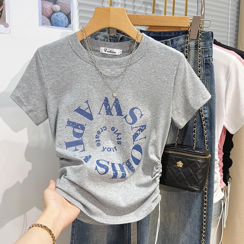 White Letter Short-sleeved T-shirt Women's Summer Design Sense Drawstring Front Shoulder Short Half-sleeved Korean Version Foreign Style Top