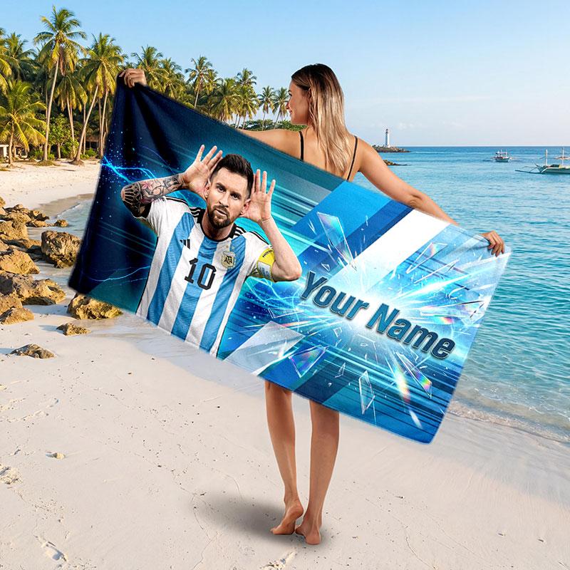 Lionel Messi Individuelles Strandtuch, Personalisierter Name Textdruck, Fußball Logo Weiches Schnelltrocknendes Handtuch Urlaubsgeschenk