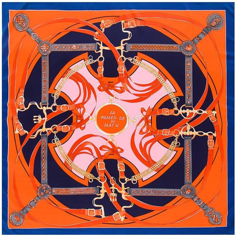 POBING Silk Scarf Luxury Brand Melt Chain Neckerchief Muslim Headscarf Square Scarves Lady Foulard Female Bandana 100*100CM