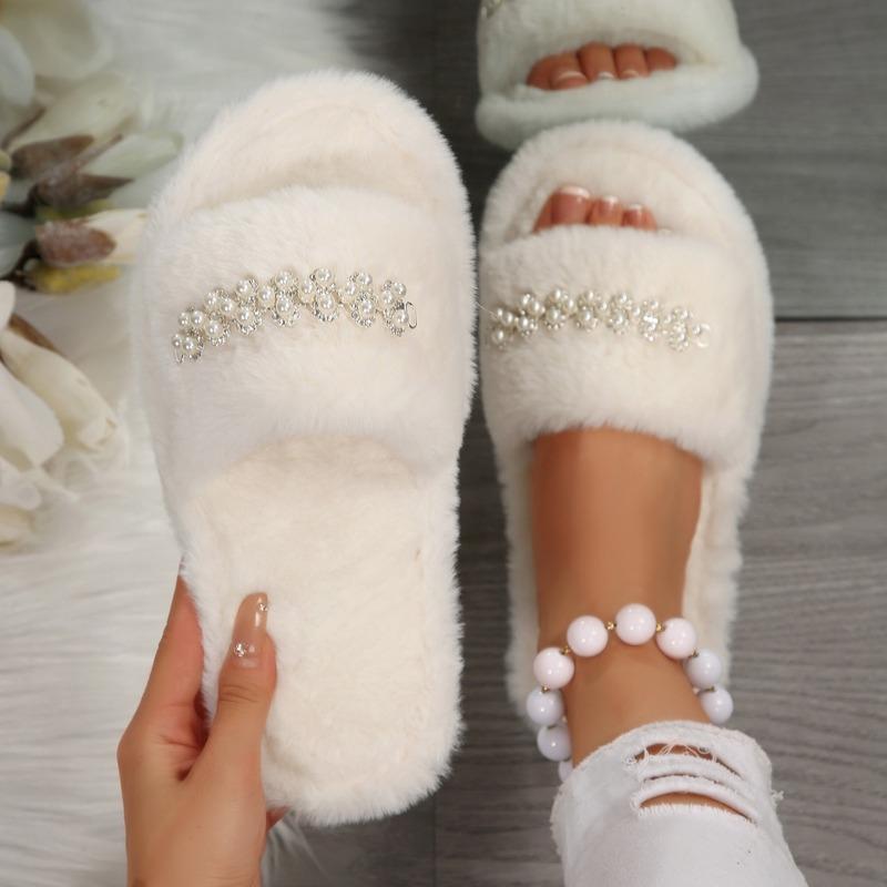 Fashion Pearl Cotton Mopping Winter New Round Toe Open Toe Plush Platform Anti-slip Wear-resistant Flats