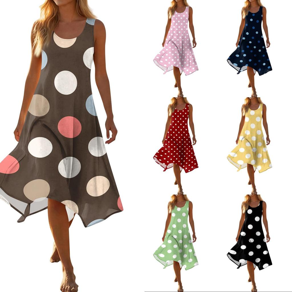 Women Sleeveless Polka Dot Print Midi Dress Crew Neck Casual Loose Fit Asymmetrical Hem Lightweight Sundress