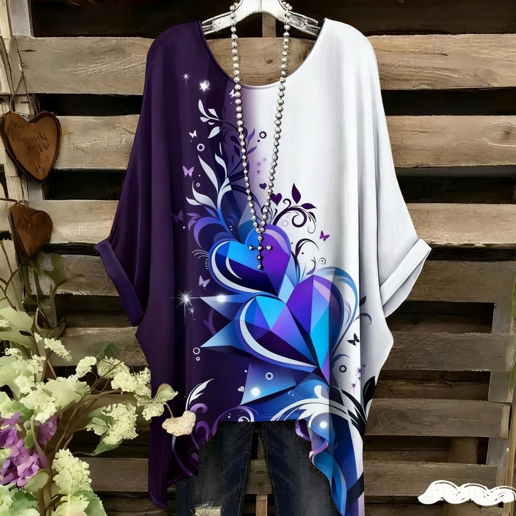 Damen Elegantes Bohemian Zweifarbiges T-Shirt - Herz & Blumendruck Mit Schmetterling Damenbekleidung Trend 2025 Grafik T-Shirts