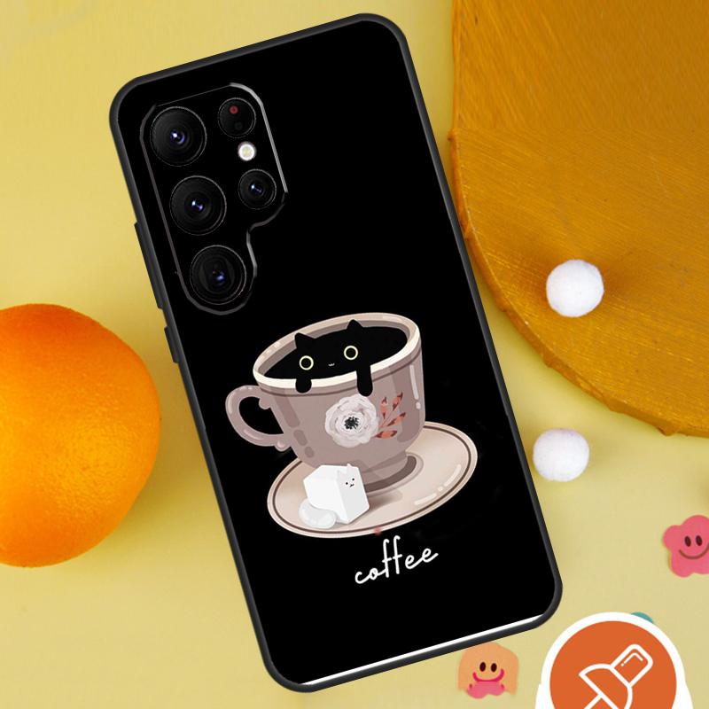 Cute Animal Cat Coffee Case For Samsung Galaxy S25 Ultra S24 S23 S22 S21 Ultra S9 S10 S20 Plus S24 FE Funda Cover