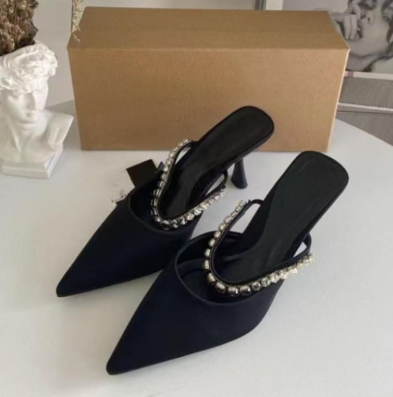 Zomer Hoge Hak Muiltjes Schoenen voor Dames Beige Zwart Suède Glanzende Diamant Ketting Sexy Puntige Neus Feest Sandalen Slingbacks