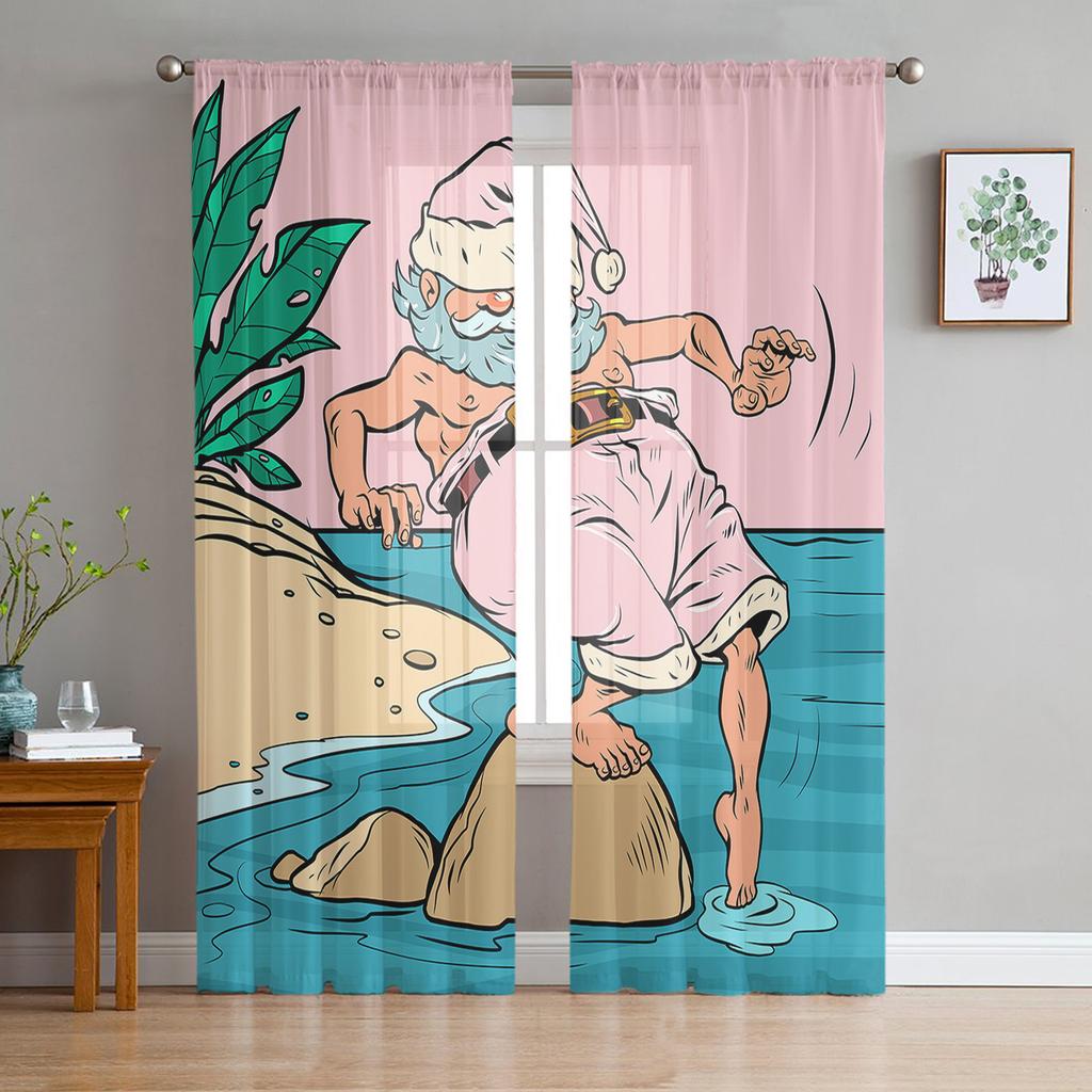 Rosa Weihnachtsbaum Schneeflocke Weihnachtsmann Tüllvorhänge für Wohnzimmer Schlafzimmer Dekor Chiffon Transparent Voile Küchenfenstervorhänge