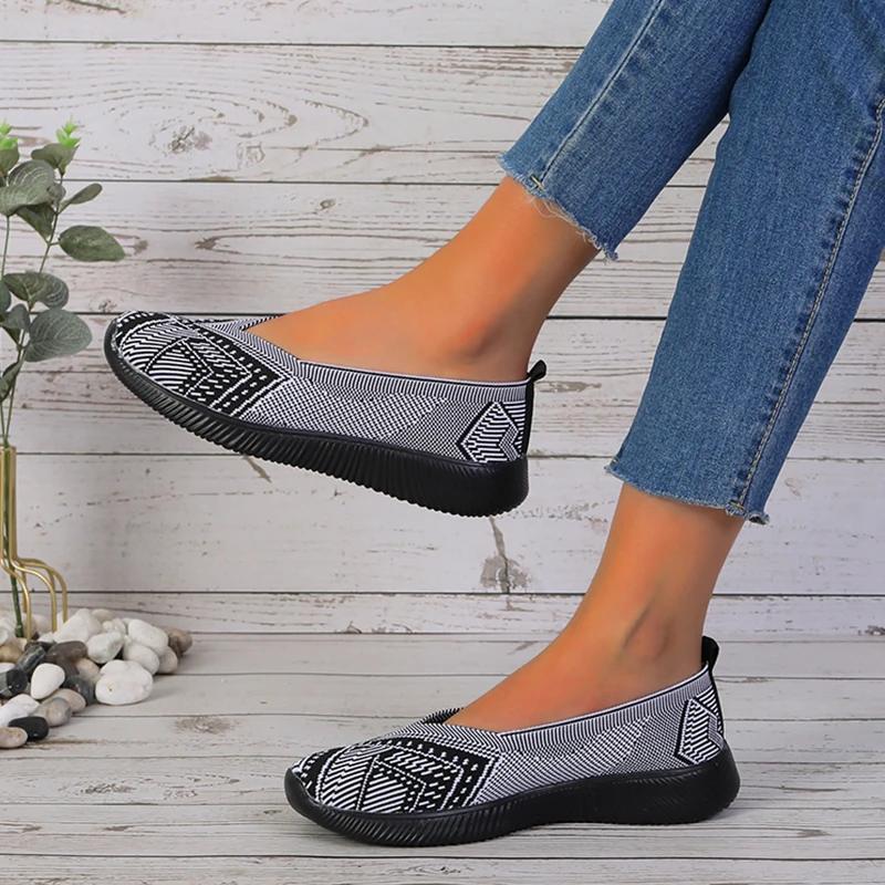 Fashion ZOKI Fashion Striped Loafers Shoes Women Summer Slip-on Breathable Knitting Flats Woman Comfort Non-slip Soft Bottom Sneakers