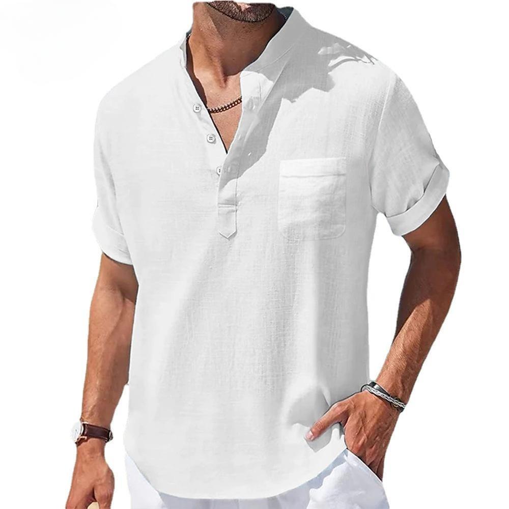 Summer Men's Stand Collar Buckle Half Cardigan Cotton and Linen Short Sleeve Men's T-shirt Simple Short Sleeve Shirt Sports Casual