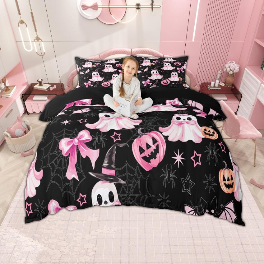 

Homewish Kids Halloween Theme Duvet Cover Set 2Pcs/3Pcs Cartoon Spooky Animal Bedding Kawaii Pumpkin Ghost Bat Bed Set EU Single(135*200cm)3pcs