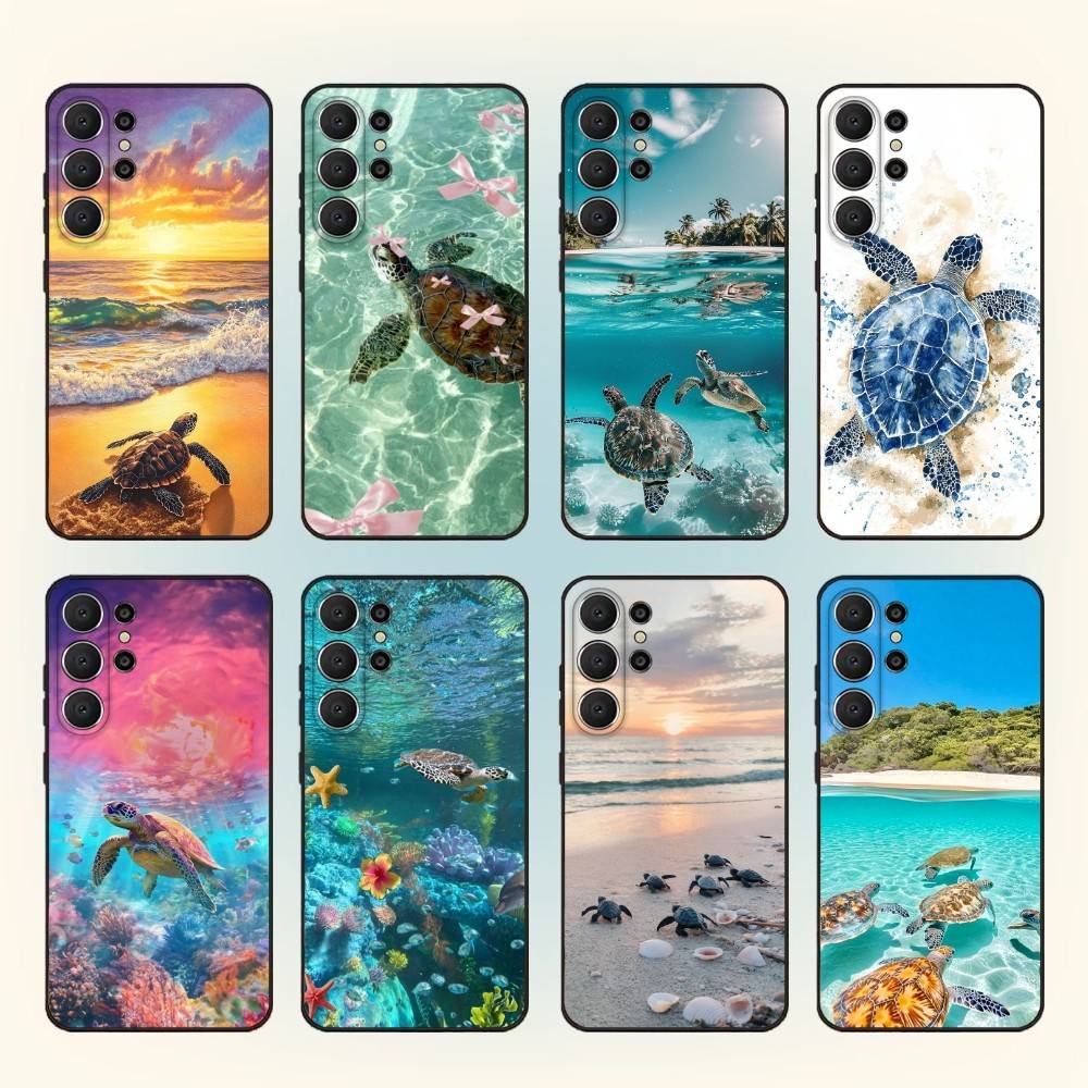 Mořský život Želva Umění Pouzdro na telefon Pro Samsung S25,24,23,22,30,21,10,9,Ultra,Plus,Lite,FE Černé Měkké pouzdro