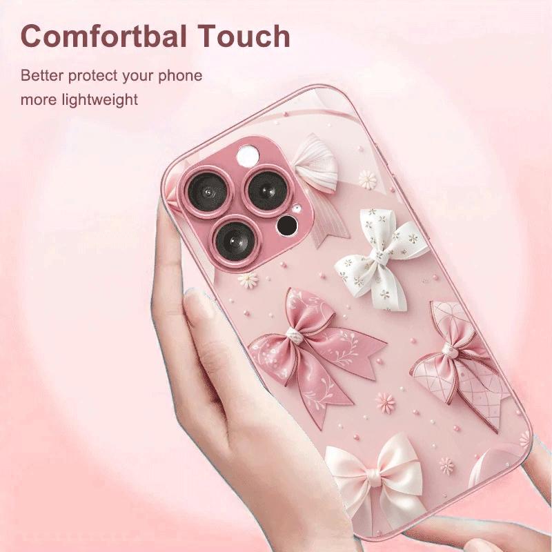 Pink Bow Design Tempered Glass Phone Case Suitable for iPhone17 16 15 14 13 12 11Pro/Max/Plus Anti Drop and Shockproof Backcover
