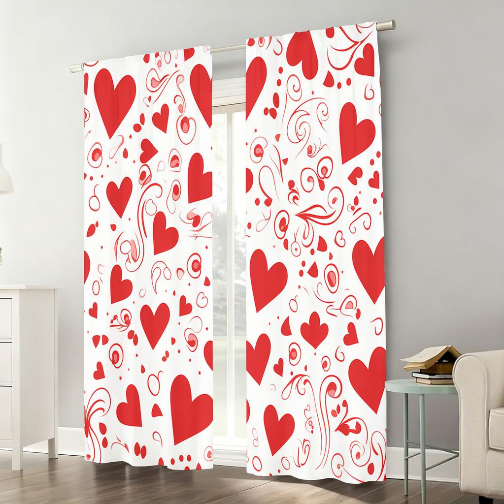2pcs Red and White Heart-shaped Patterned Curtains   Classic Romantic Bedroom and Living Room   with Decorative Drawbar Pockets