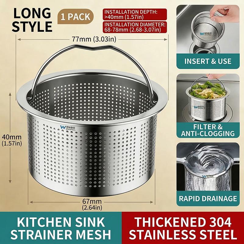 

304 Stainless Steel Kitchen Sink Strainer, Universal Fit Drain Filter with Handle, Anti-Clogging Mesh Basket for Most Drains