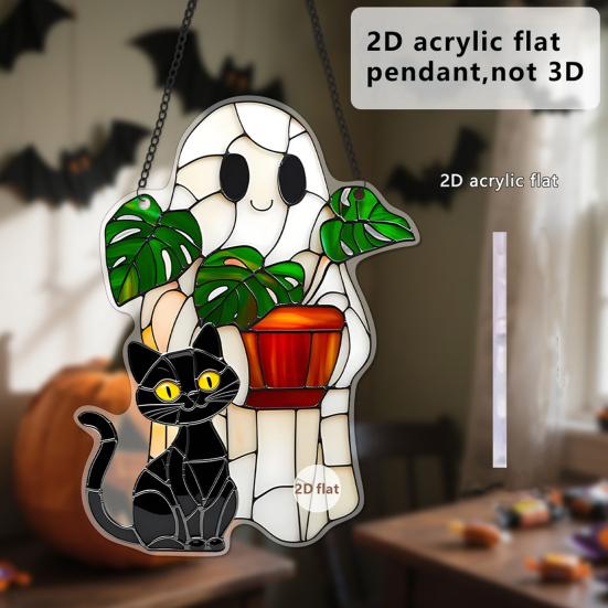 Halloween Ghost Black Cat Suncatcher Hanging Decoration Indoor Outdoor Home Garden Wall Window Hanging Stained Glass Acrylic Ornament Pendant