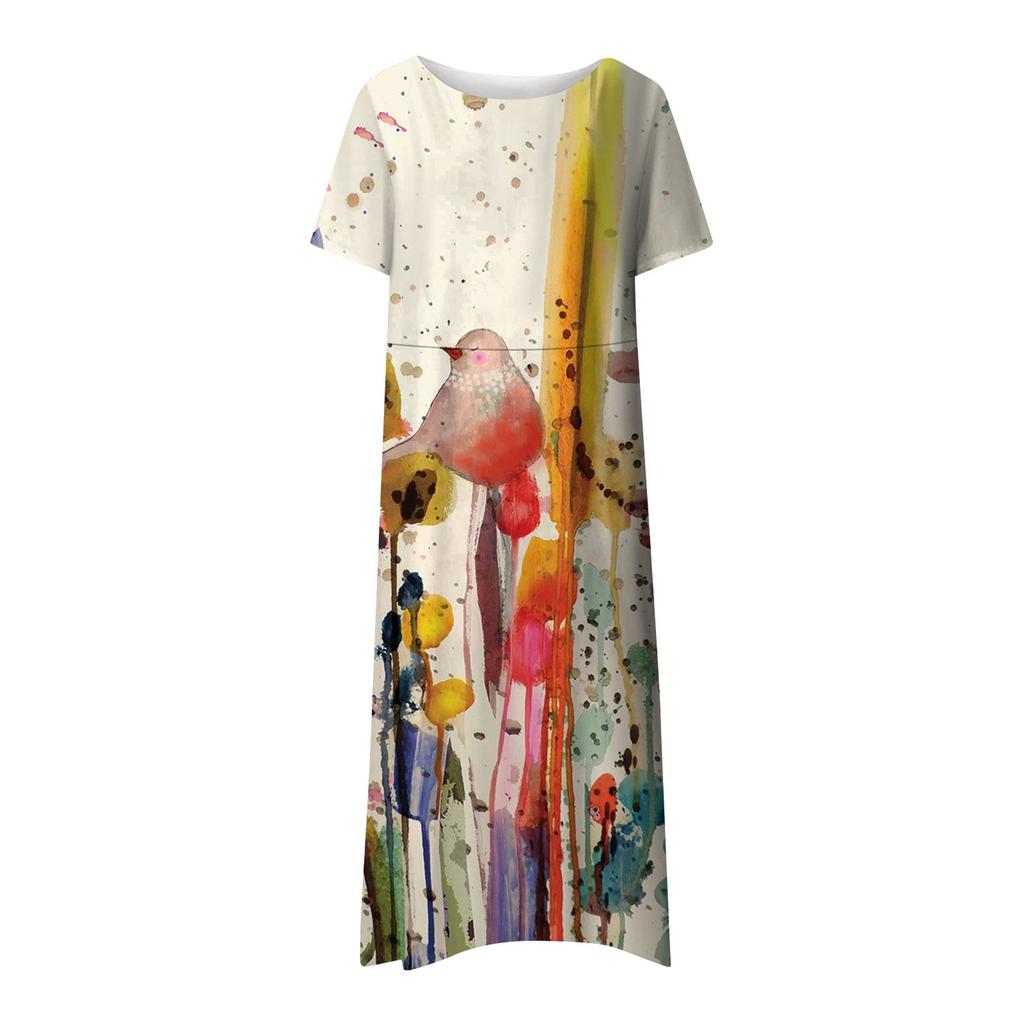 Summer Dress For Women Casual Printed V-Neck Short-Sleeve Beach Swing Dress