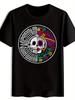 Black T-shirt with Vibrant Mexican Skull & Floral Design - Casual Polyester Round Neck Tee for Summer