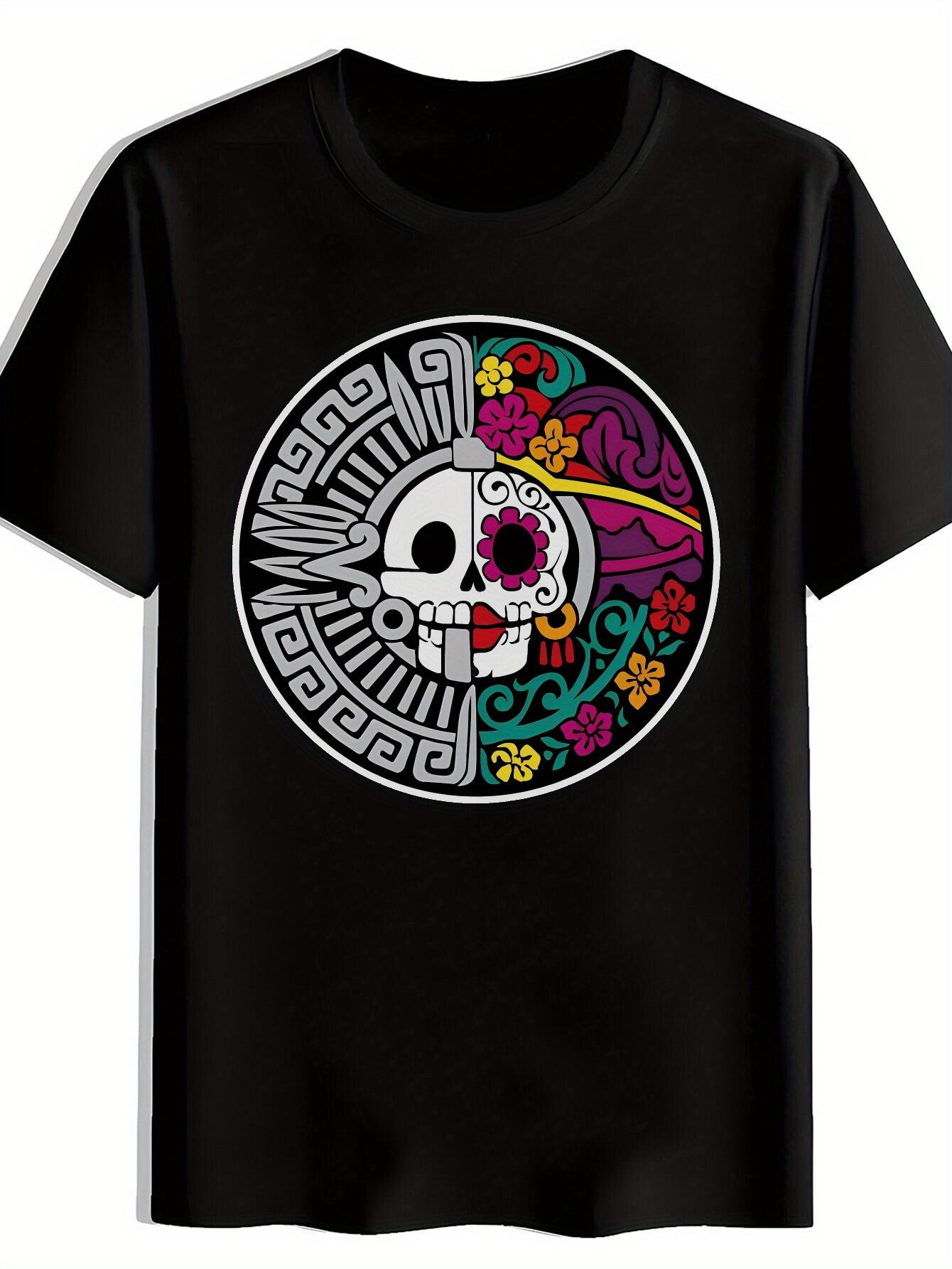 Black T-shirt with Vibrant Mexican Skull & Floral Design - Casual Polyester Round Neck Tee for Summer XXXXL