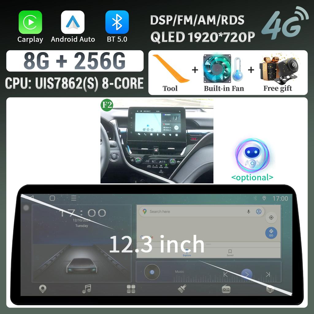 12.3inch For Toyota Camry 2021-2022 Car Radio Multimedia Android 14 4G GPS Navigation Wireless BT Carplay Head Unit Touch Screen